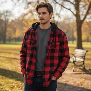 H&M Divided Red Black Plaid Hooded Flannel Shirt Jacket Men’s M